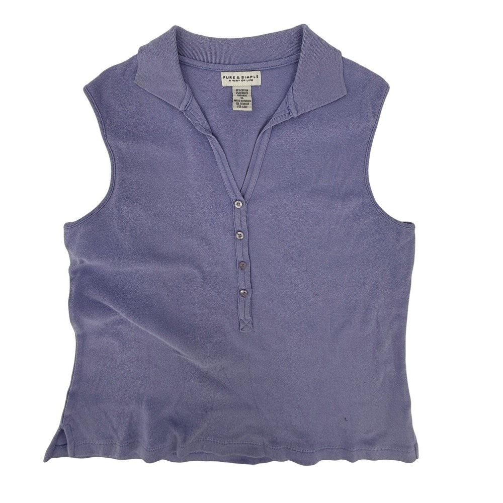 Pure & Simple Sleeveless Polo Shirt Y2K Women XL Blue Periwinkle Cotton Ribbed